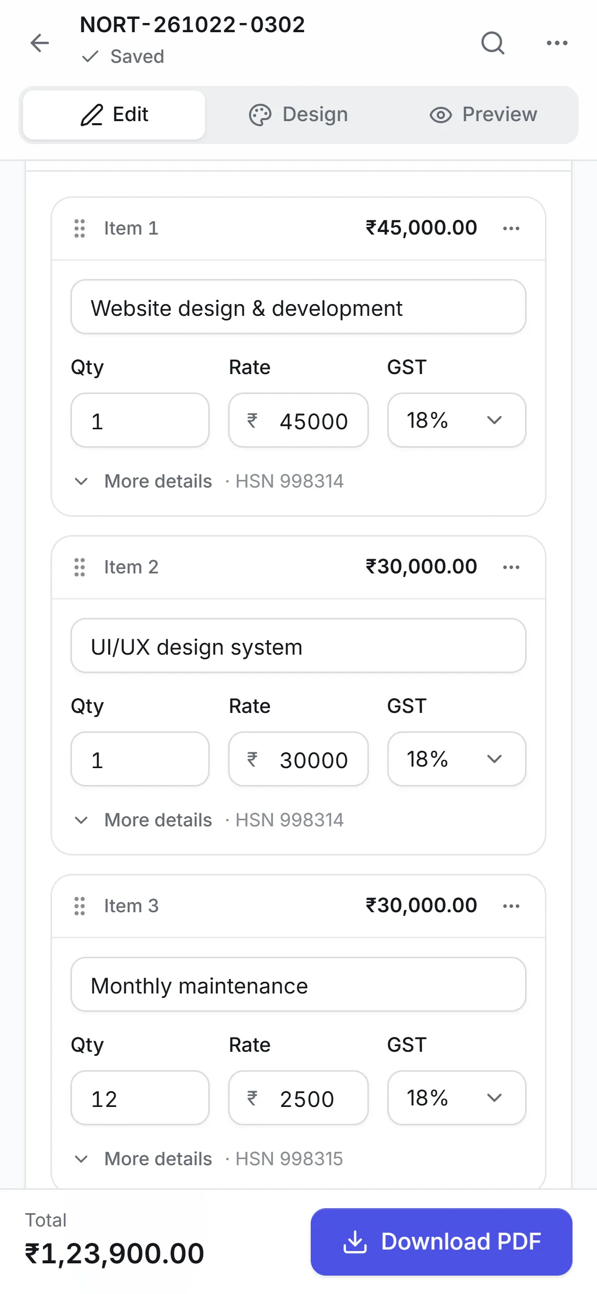 Invoice editor on a phone