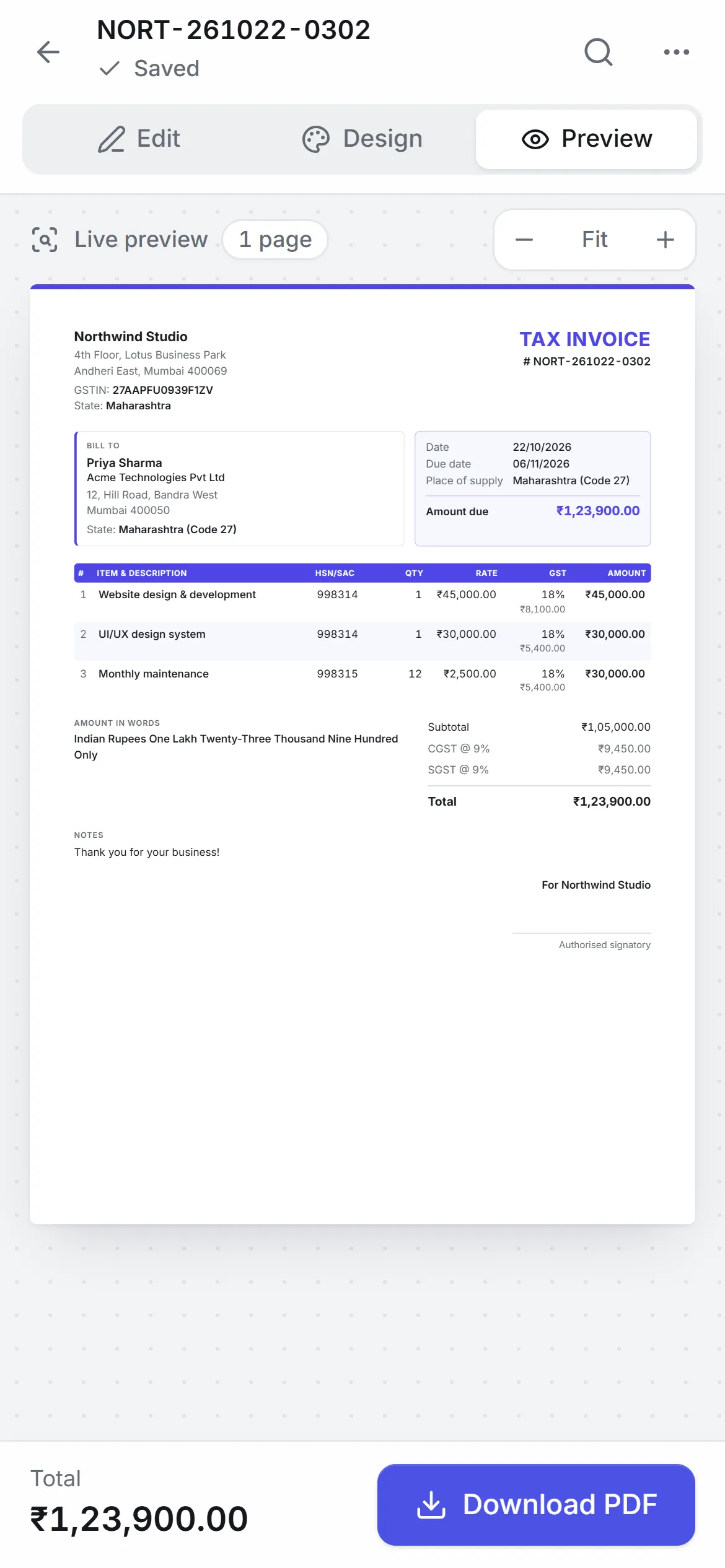 Invoice preview on a phone