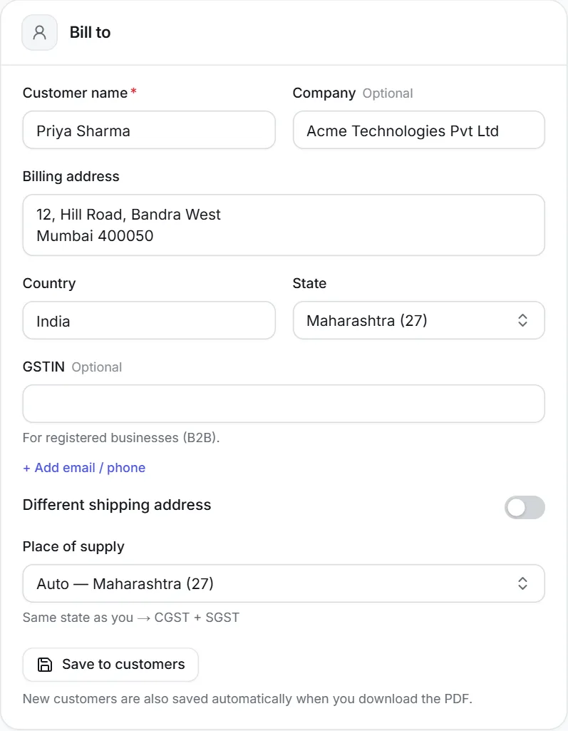 Bill-to form with customer name, address, state and place of supply