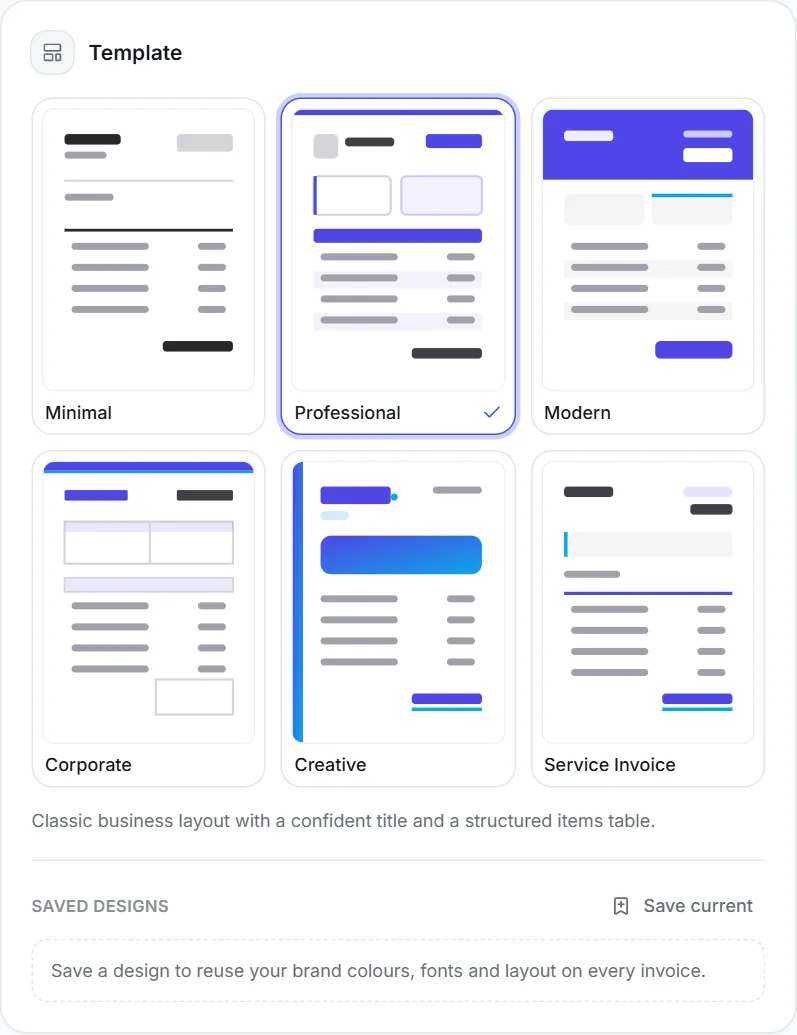 Template picker showing six invoice designs