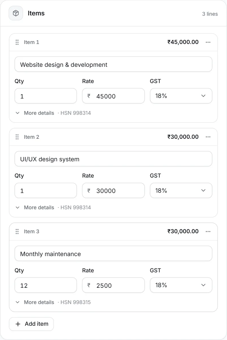 Items with quantity, rate and GST rate, and an HSN code summary