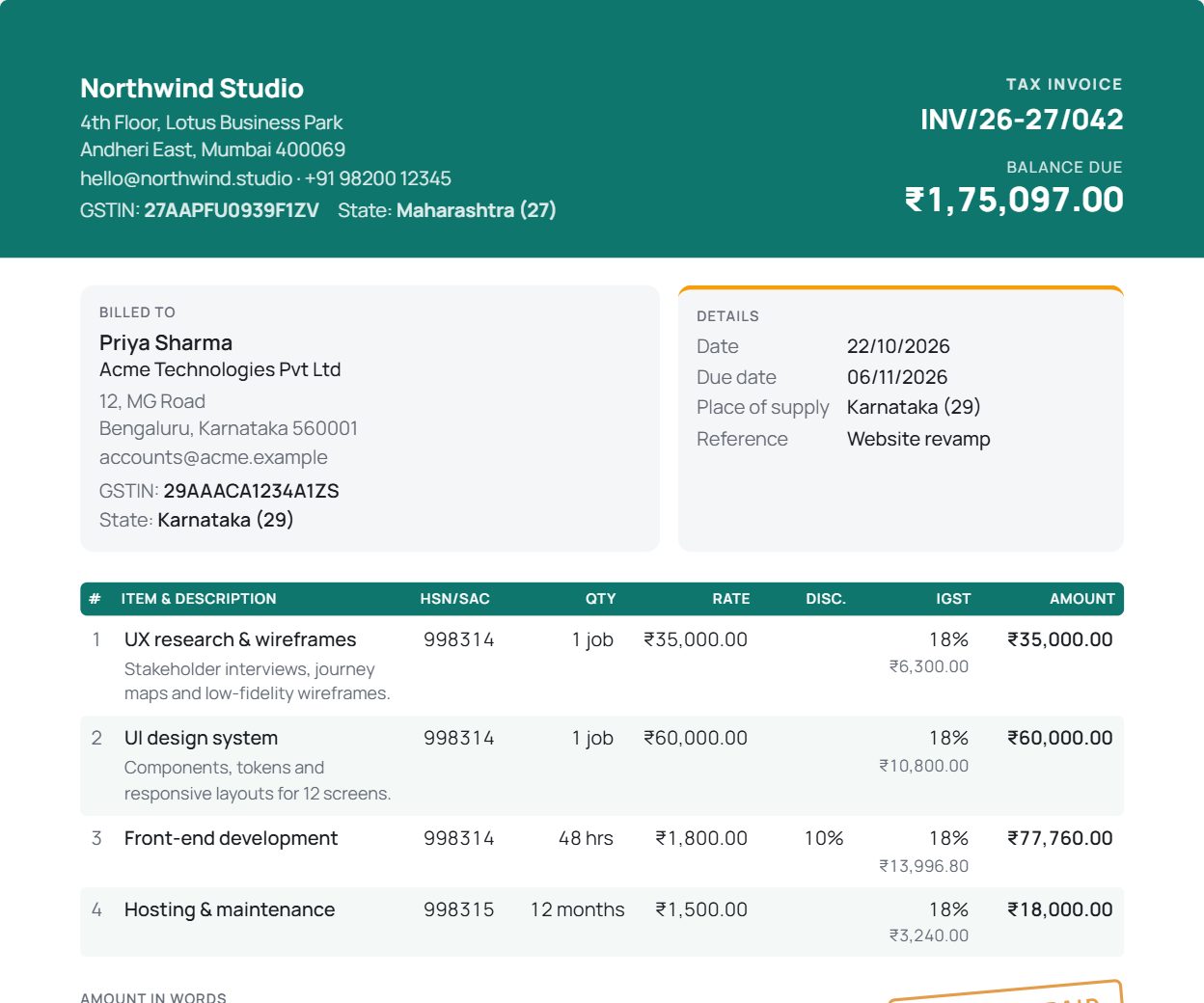 Modern GST invoice template