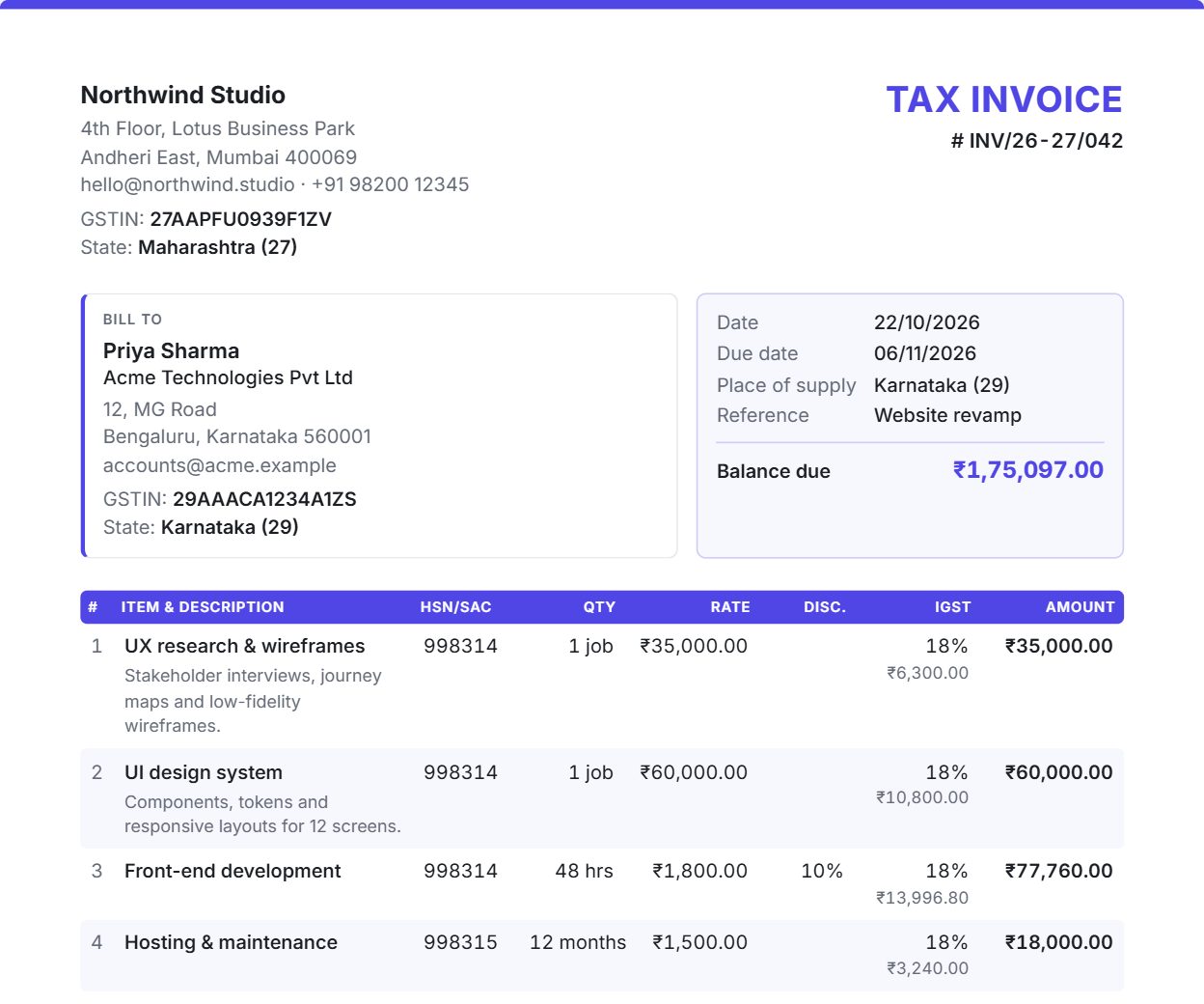 Professional GST invoice template